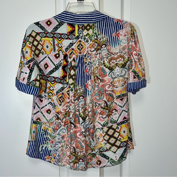 Tolani Collection Blouse Short Sleeve Button Down Paisley Blue White Stripe XXS - Picture 5 of 14